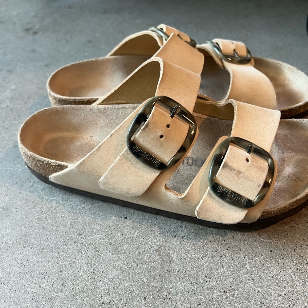Birkenstock Cream Sandals with Silver Buckles